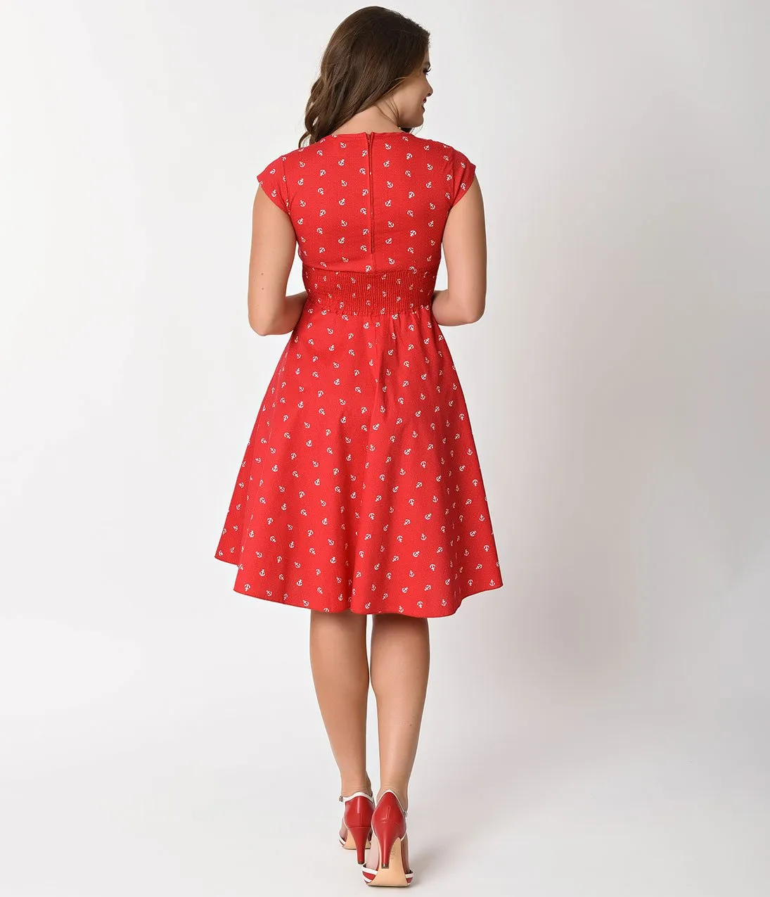 1950s Style Red Anchor Print Cap Sleeve Swing Dress