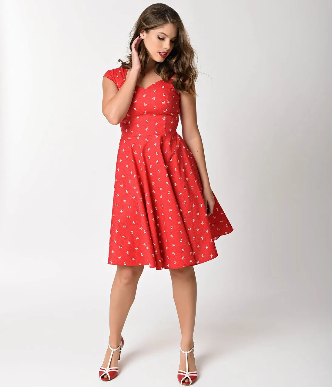 1950s Style Red Anchor Print Cap Sleeve Swing Dress