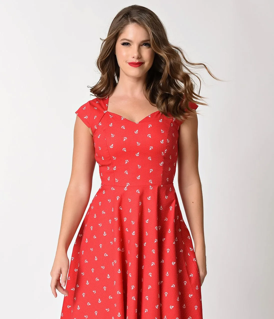 1950s Style Red Anchor Print Cap Sleeve Swing Dress