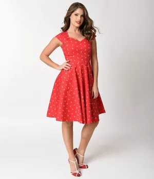 1950s Style Red Anchor Print Cap Sleeve Swing Dress