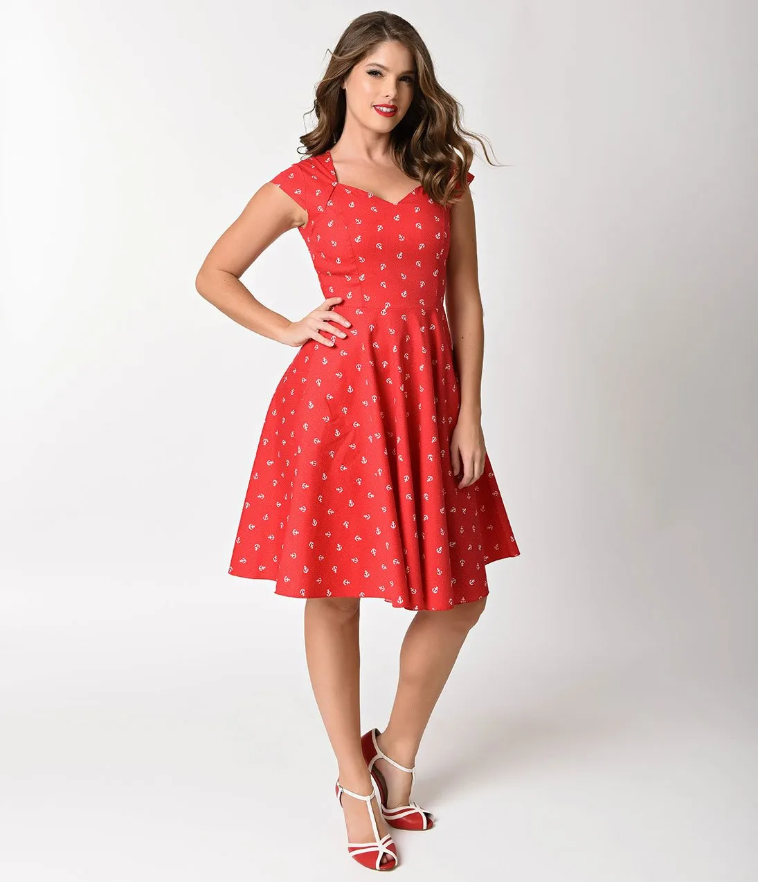 1950s Style Red Anchor Print Cap Sleeve Swing Dress