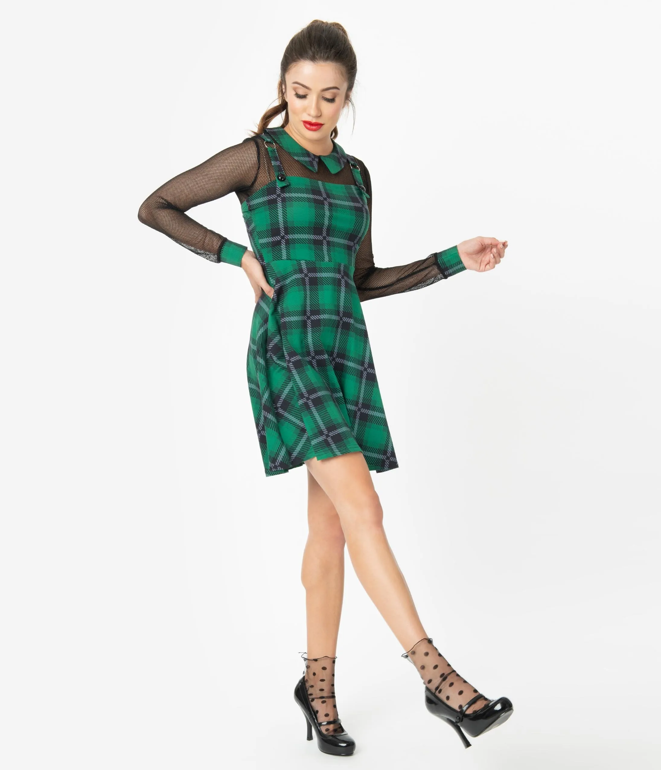 1960s Style Green & Black House Tartan Mesh Sleeve Fit & Flare Dress