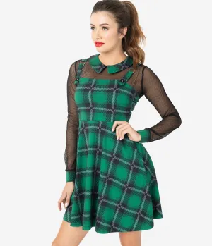 1960s Style Green & Black House Tartan Mesh Sleeve Fit & Flare Dress