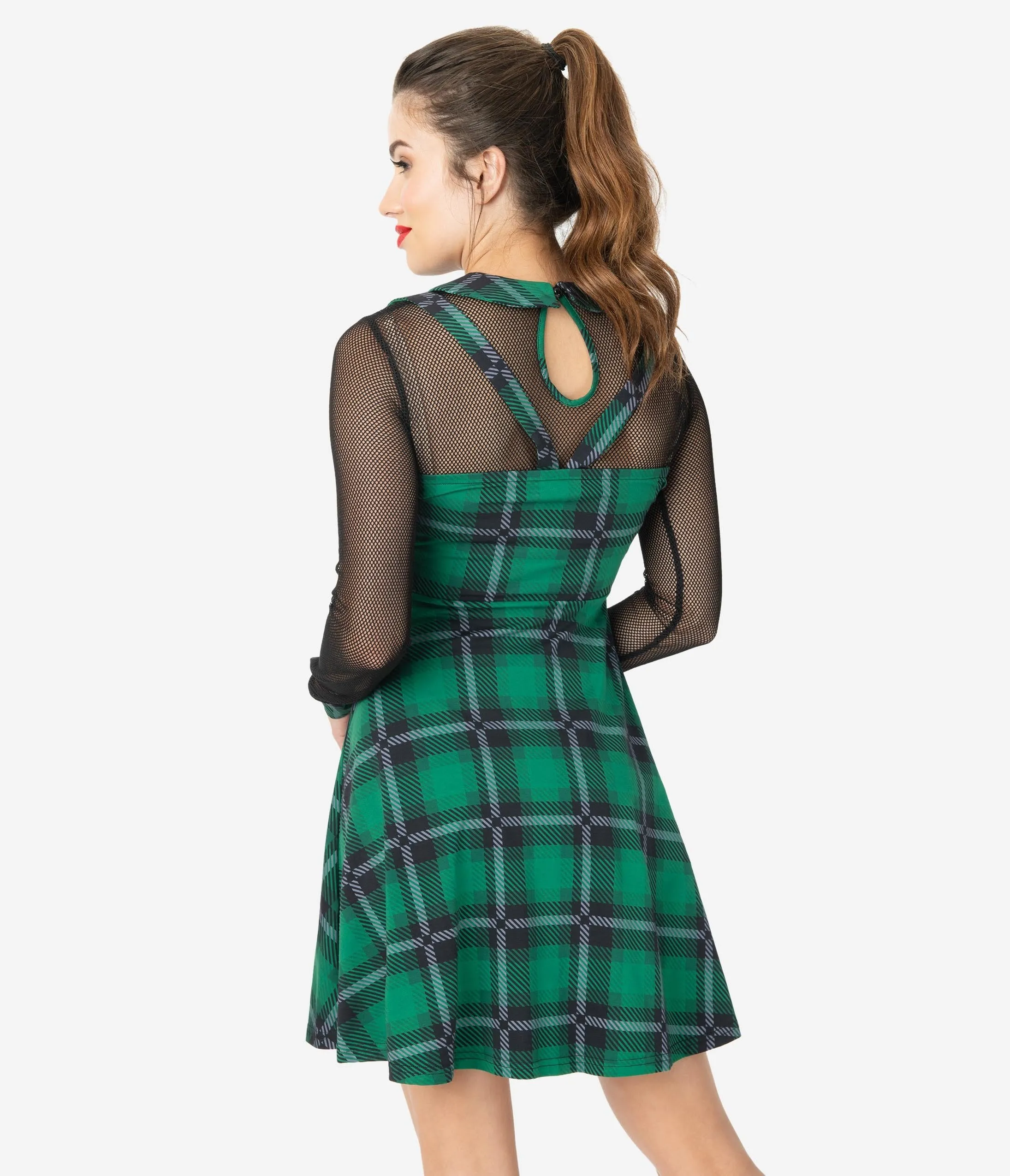 1960s Style Green & Black House Tartan Mesh Sleeve Fit & Flare Dress