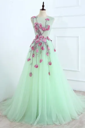 A Line Mint Green Sleeveless Formal with Appliques Long Tulle Prom Dress