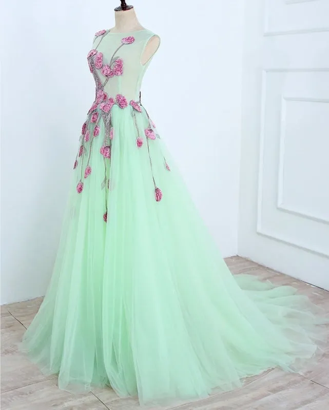 A Line Mint Green Sleeveless Formal with Appliques Long Tulle Prom Dress