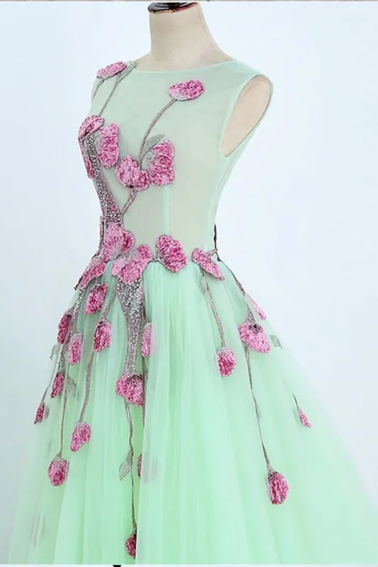 A Line Mint Green Sleeveless Formal with Appliques Long Tulle Prom Dress