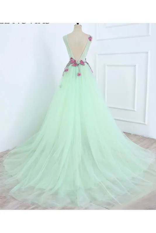 A Line Mint Green Sleeveless Formal with Appliques Long Tulle Prom Dress