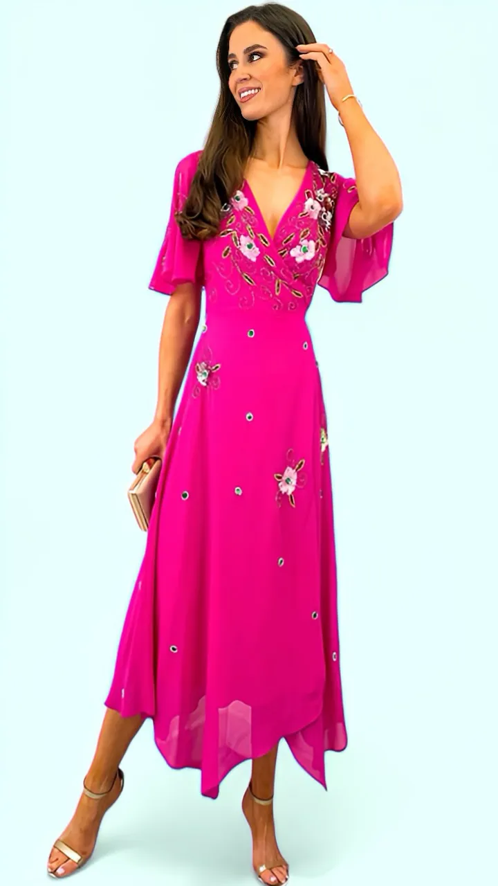 A1658 Pink Beyonce Wrap Embellished Dress