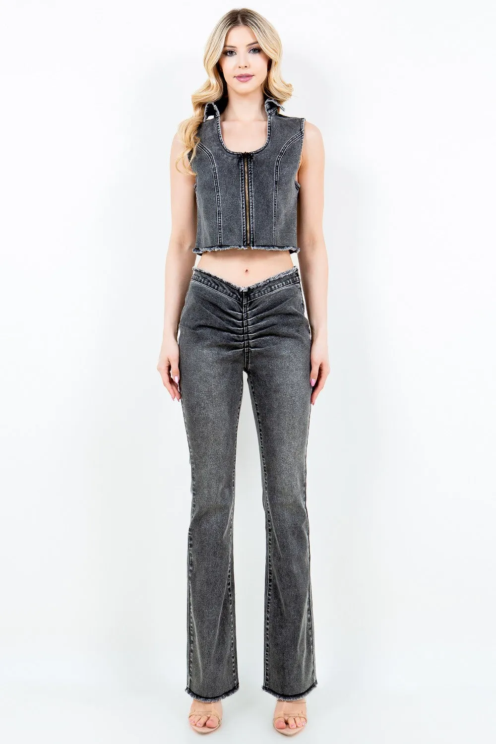 American Bazi Zip Up Washed Crop Denim Vest