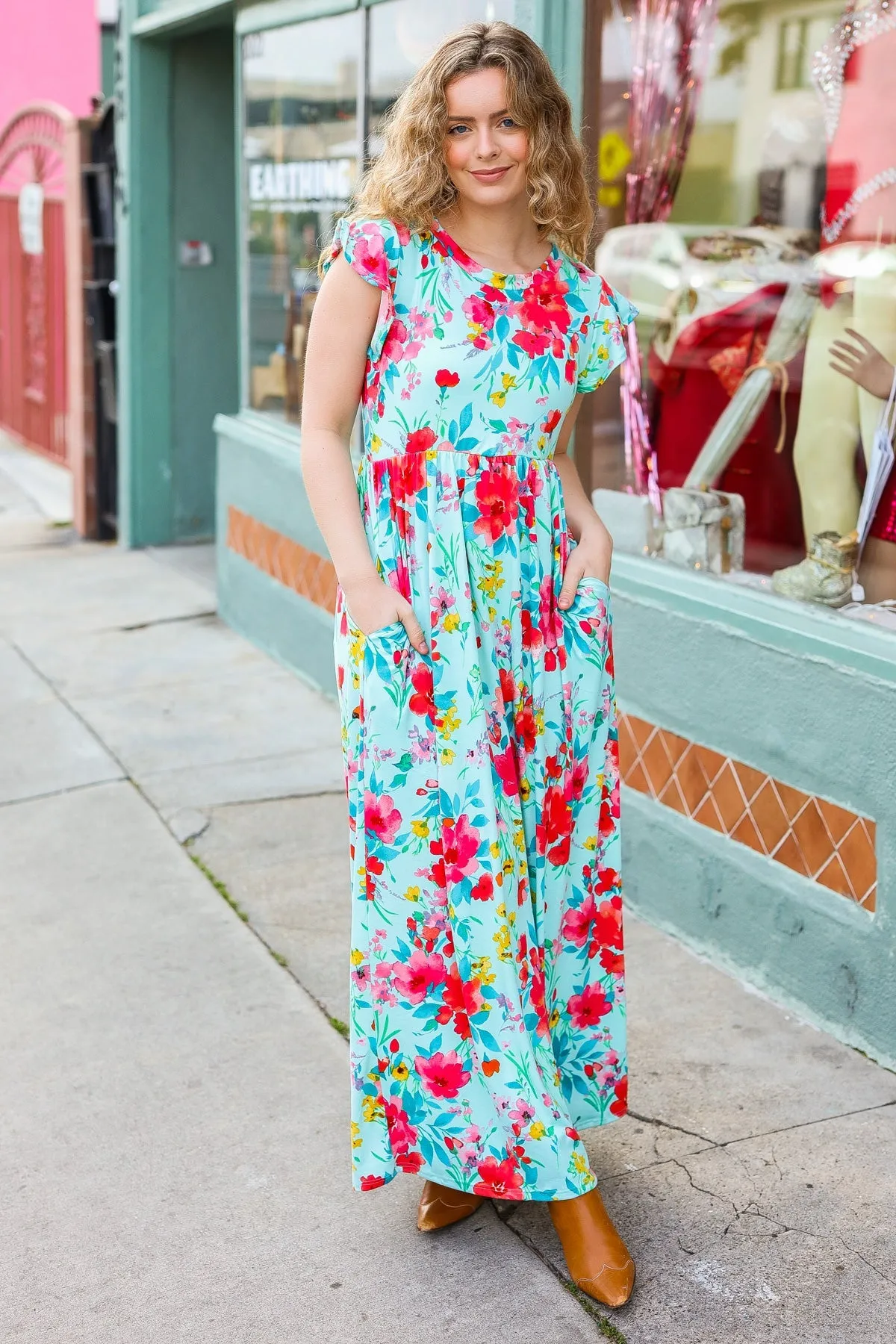 Aqua Floral Fit & Flare Maxi Dress