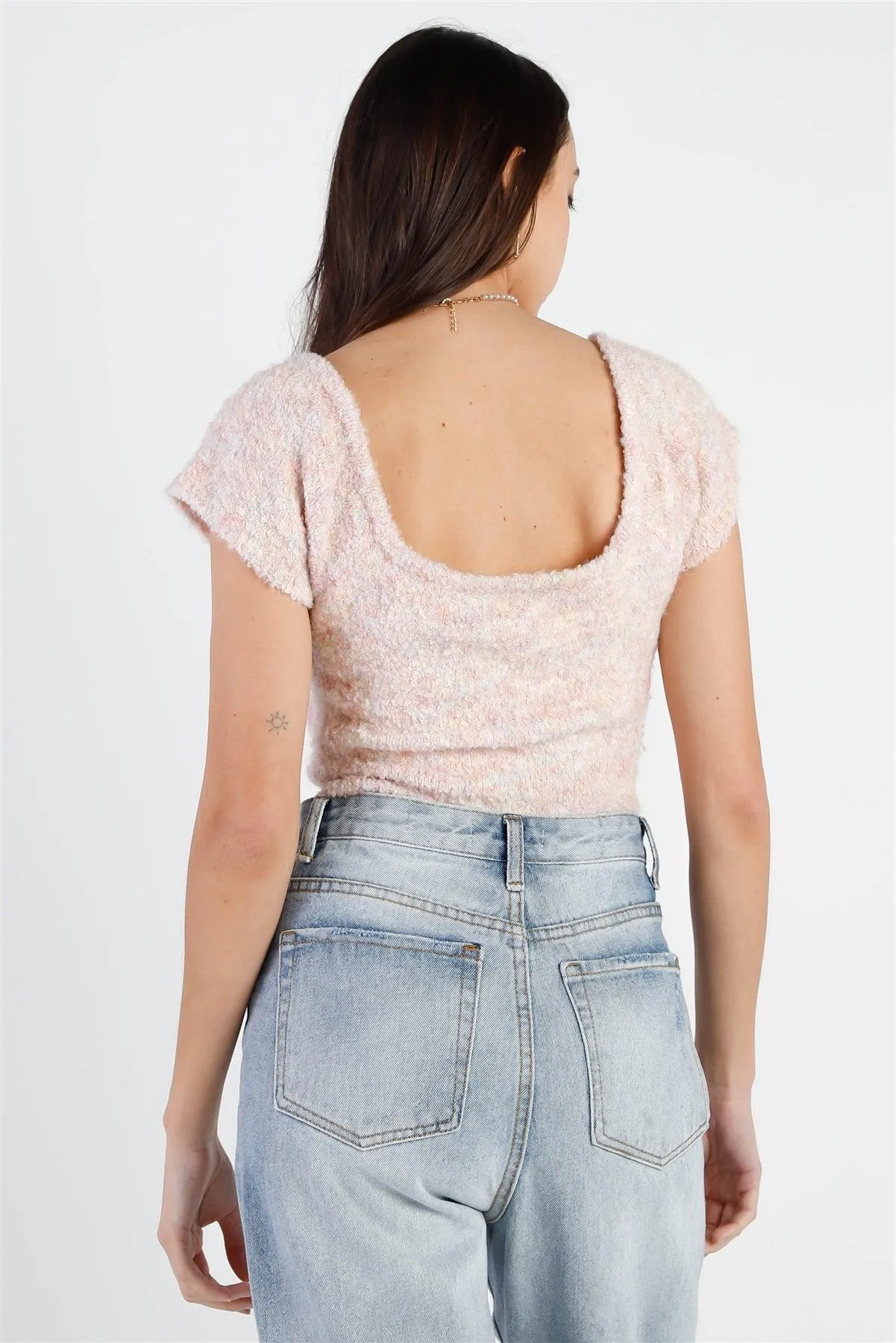 Baby Pink Pastel Multi Color Textured Knit Bow & Cut-Out Detail Crop Top /3-2-1