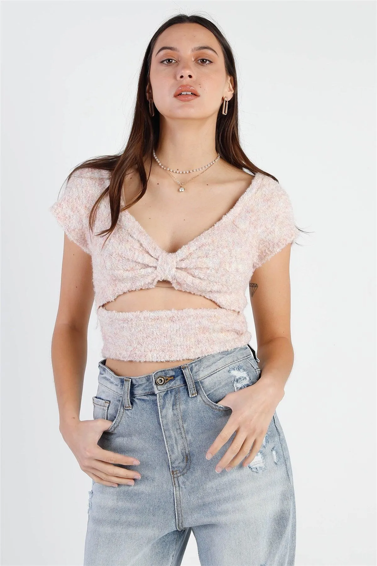 Baby Pink Pastel Multi Color Textured Knit Bow & Cut-Out Detail Crop Top /3-2-1