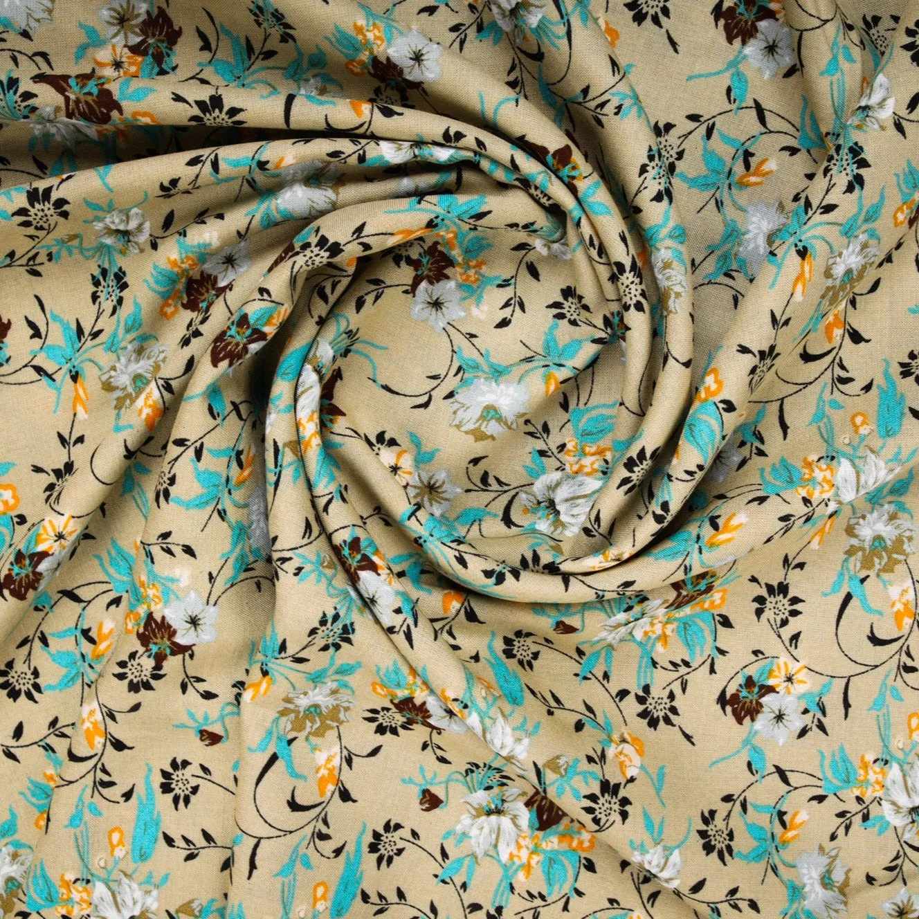 Beige Ditsy Floral Print Rayon Fabric , Plain Weave, TU 4020-4