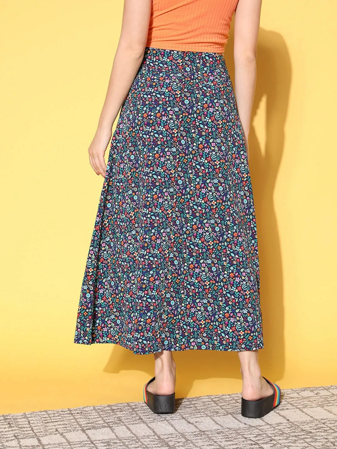 Berrylush Women Navy Blue & Red Floral Printed High-Rise Waist Side-Slit Flared A-Line Maxi Skirt