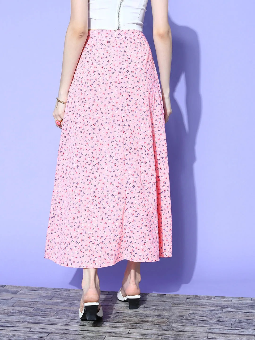 Berrylush Women Pink Floral Printed High-Rise Waist Side-Slit Flared A-Line Maxi Skirt