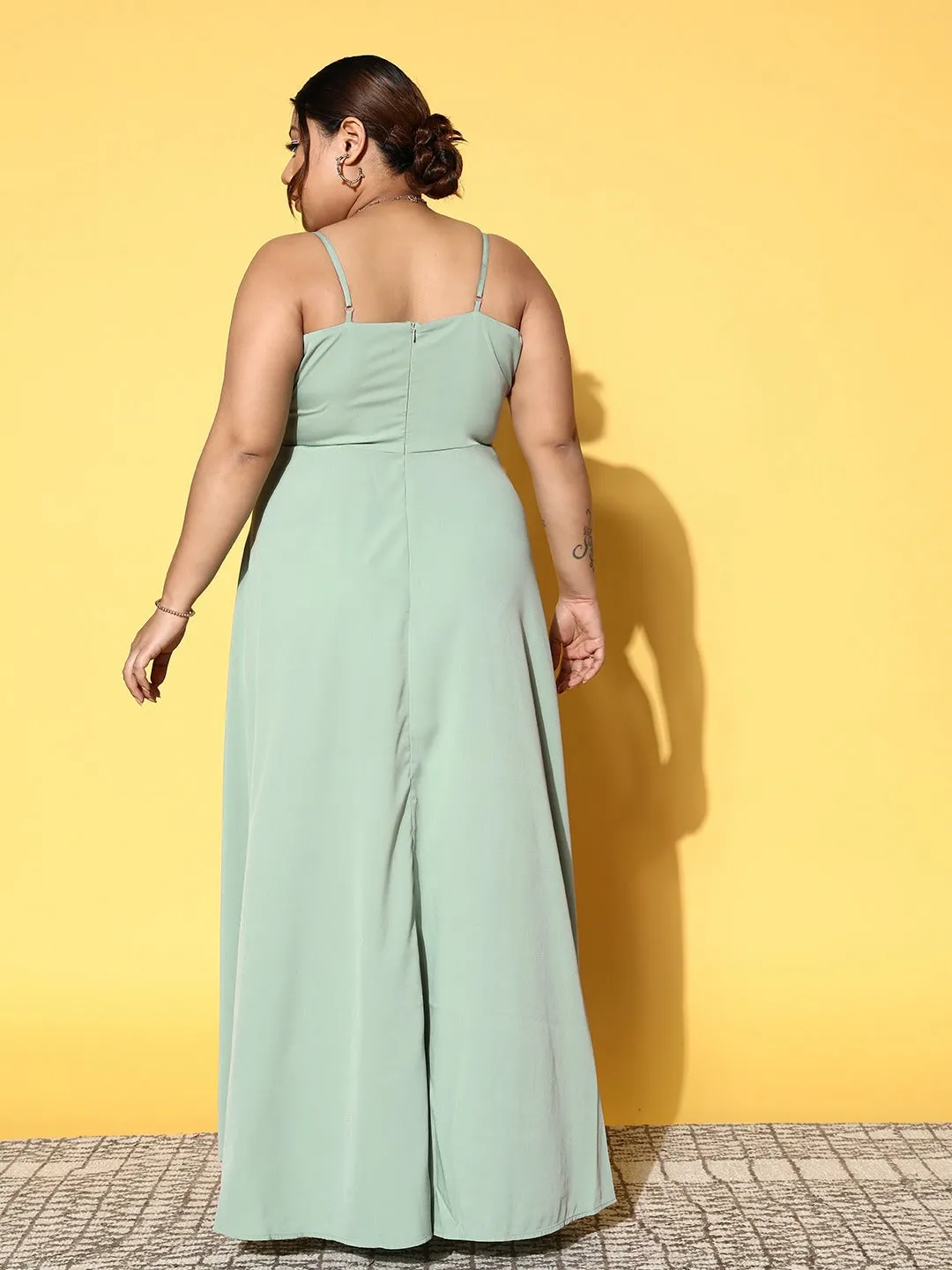 Berrylush Women Plus Size Solid Green V-Neck Sleeveless Crepe Thigh-High Slit Flared Maxi Dress