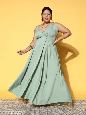 Berrylush Women Plus Size Solid Green V-Neck Sleeveless Crepe Thigh-High Slit Flared Maxi Dress