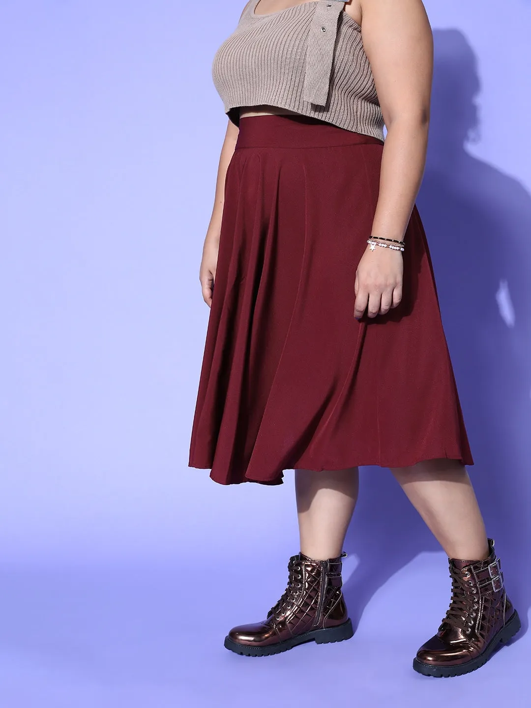 Berrylush Women Plus Size Solid Maroon Asymmetric Hem A-Line Midi Skirt