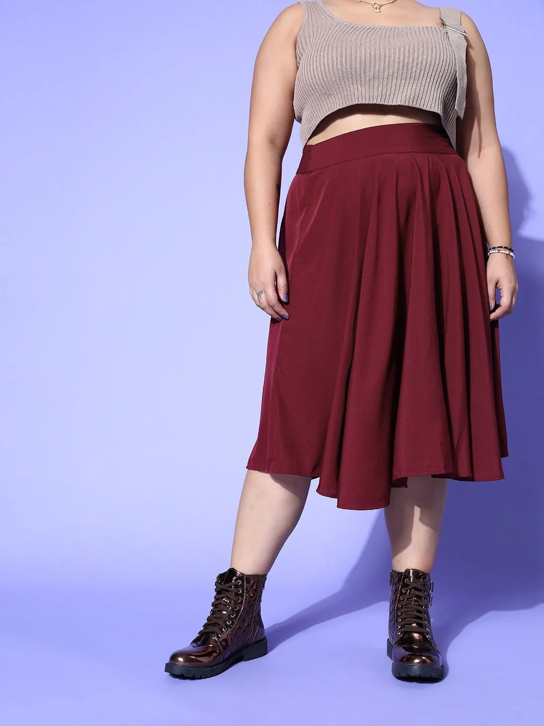 Berrylush Women Plus Size Solid Maroon Asymmetric Hem A-Line Midi Skirt