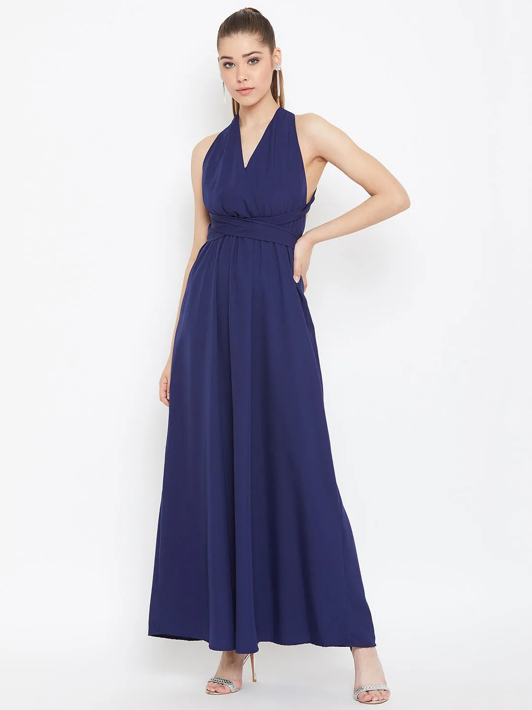 Berrylush Women Solid Navy Blue Halter Neck Multiway Flared Maxi Dress