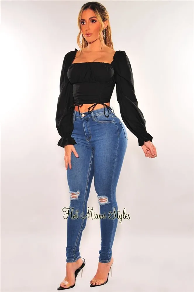 Black Peasant Ruched Drawstring Tie Up Long Sleeve Top