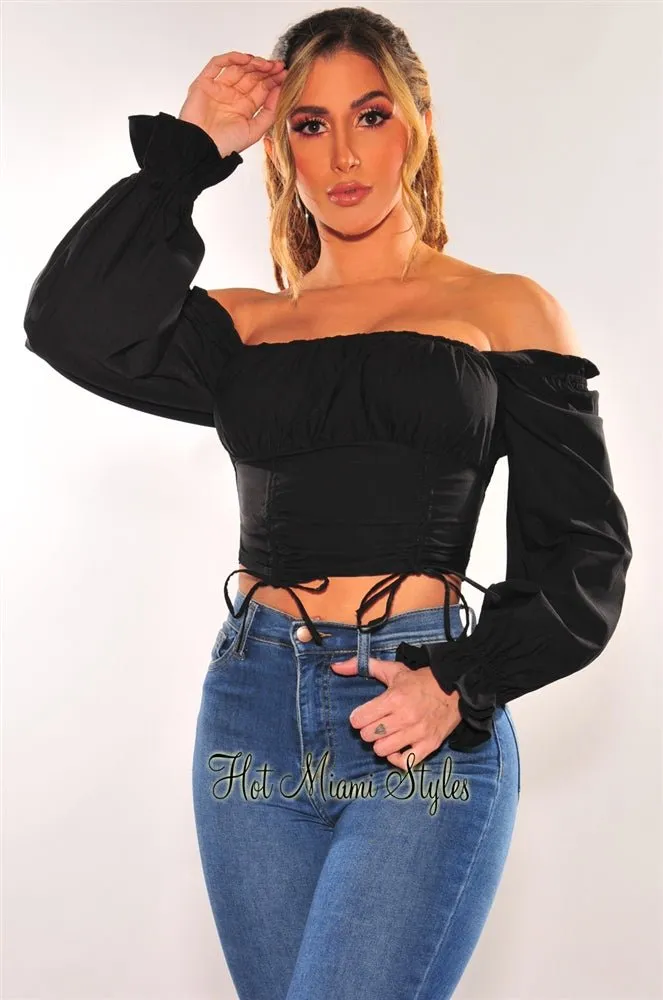 Black Peasant Ruched Drawstring Tie Up Long Sleeve Top