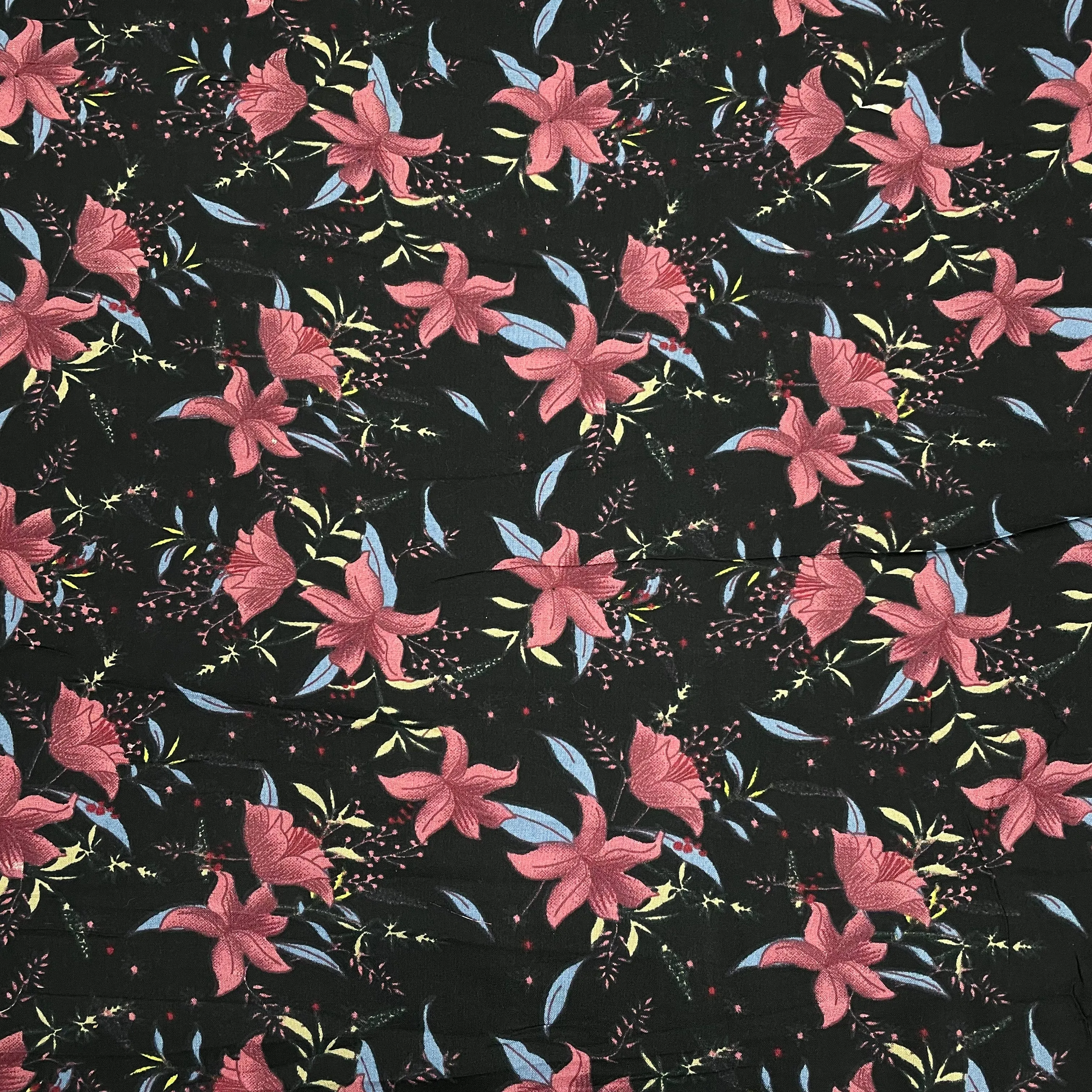 Black With Pink Floral Print Rayon Fabric