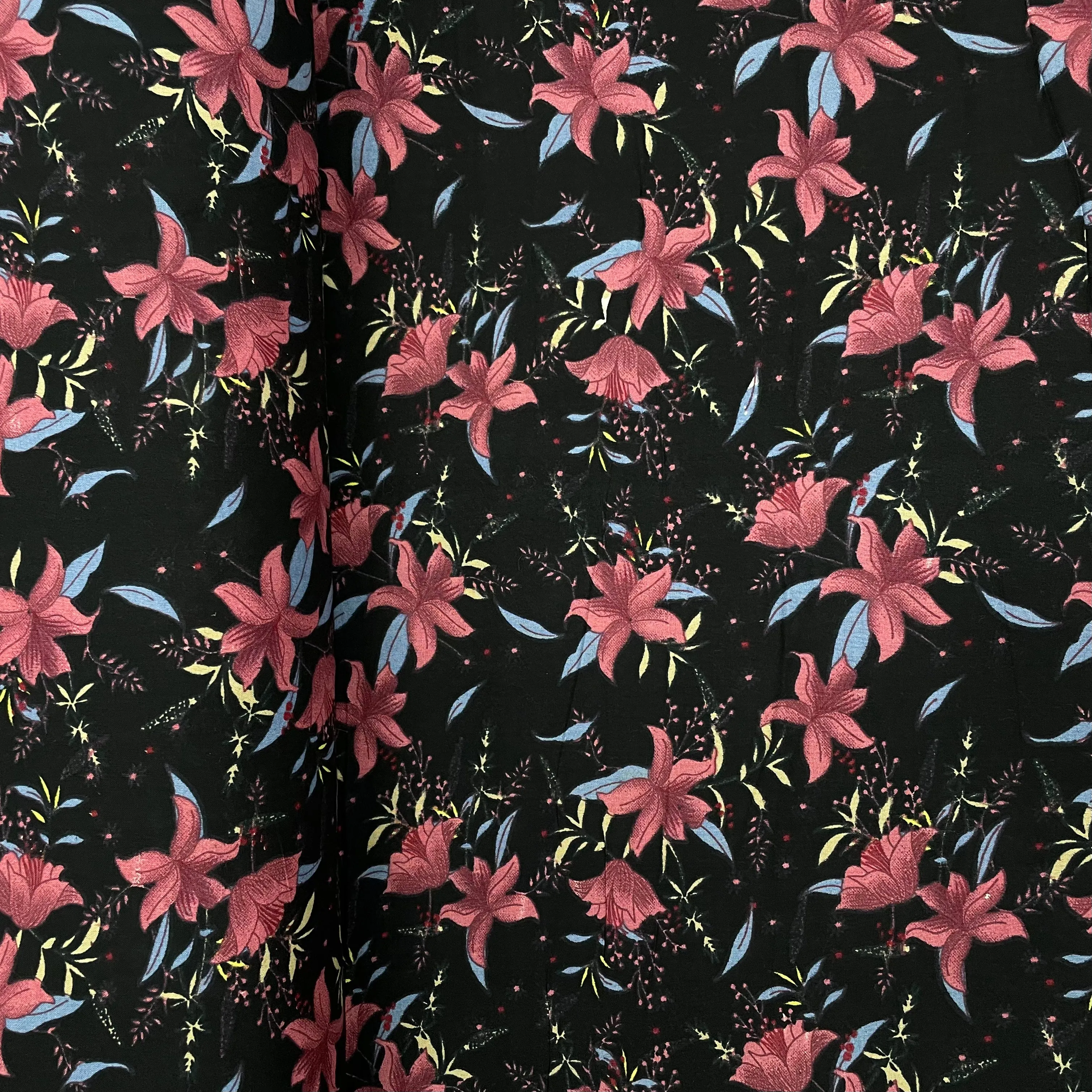 Black With Pink Floral Print Rayon Fabric