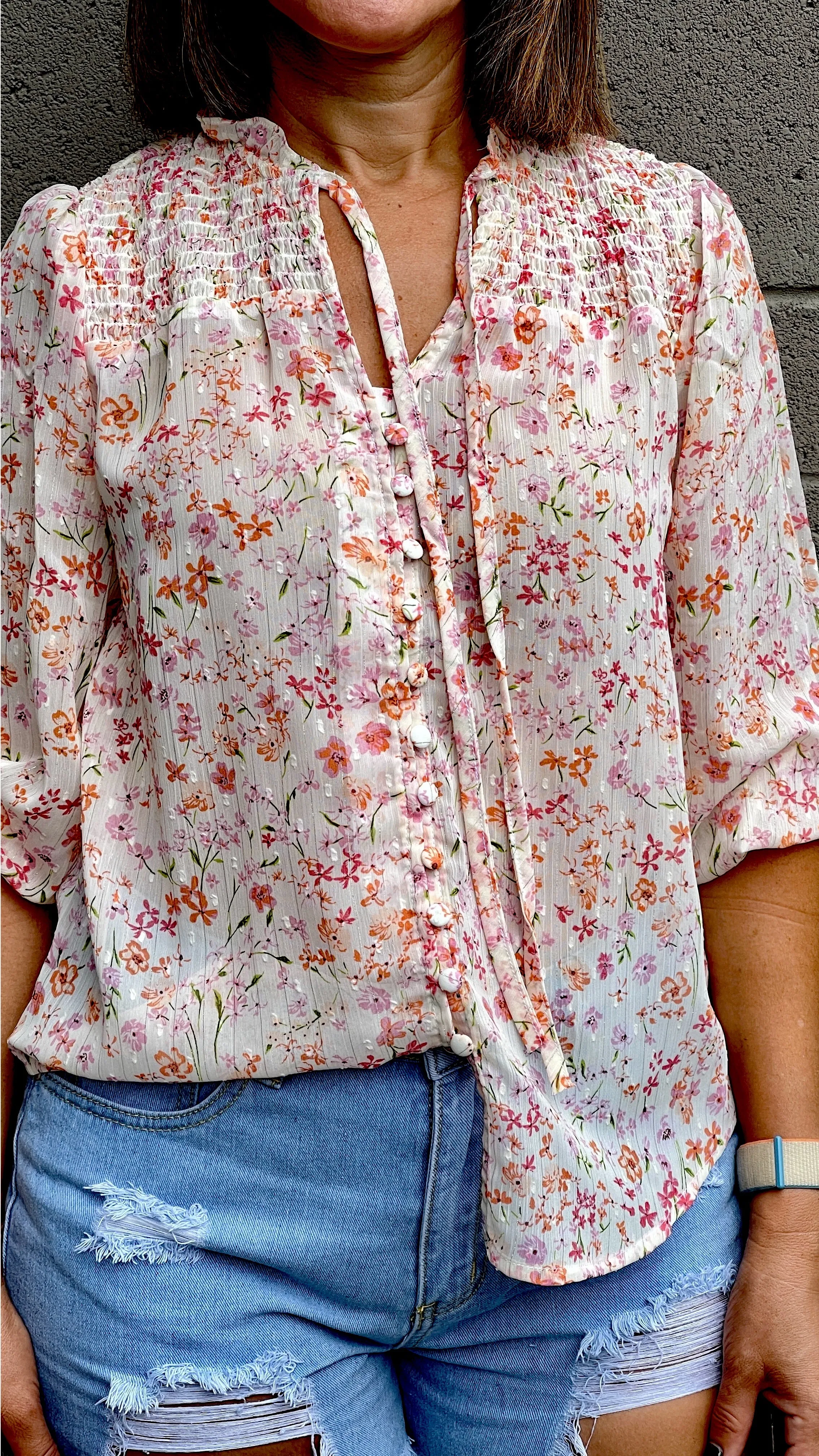 Bloom Smocked 3/4 Sleeve Top in Pink Grapefruit Floral