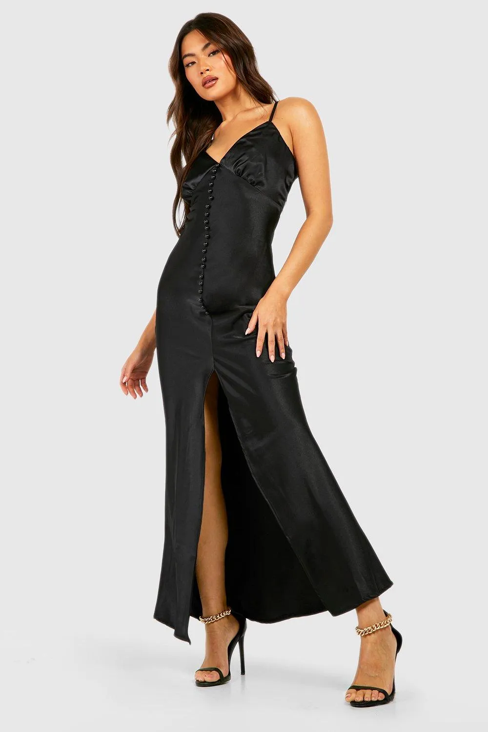 Boohoo Satin Button Down Slip Dress, Black