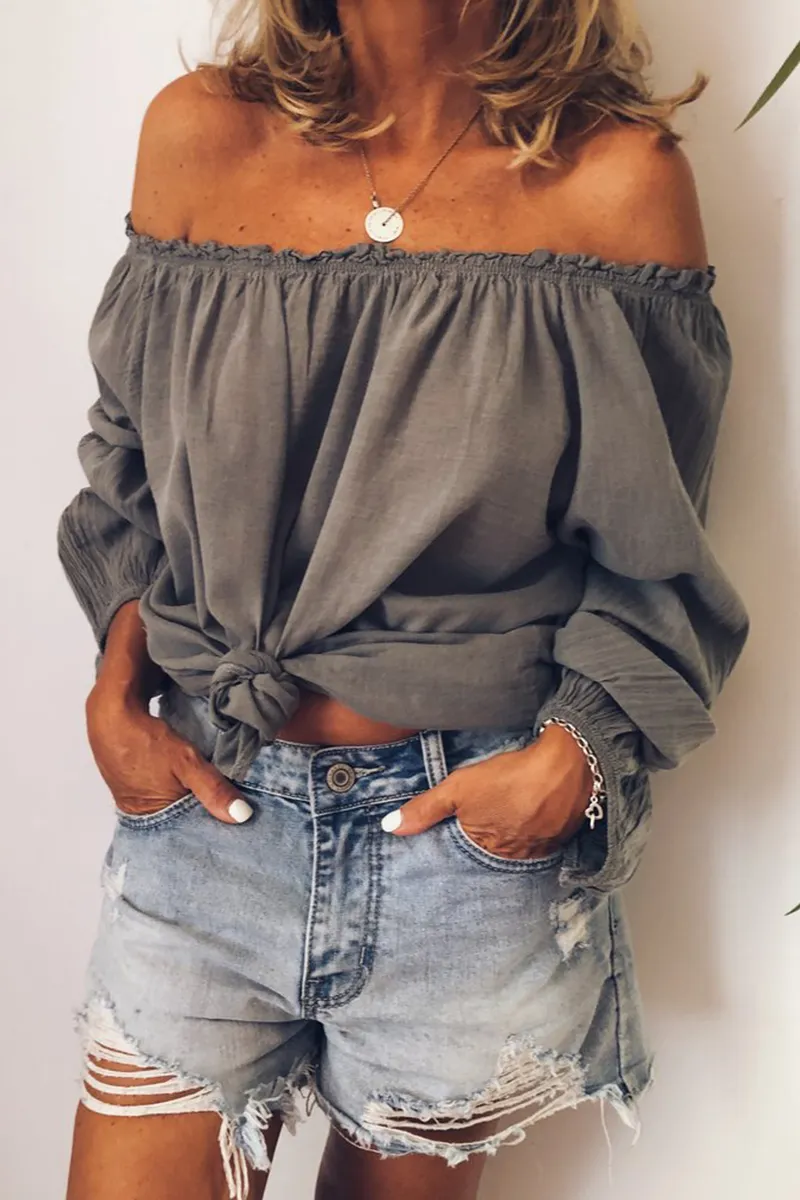 Casual Solid Stringy Selvedge Off the Shoulder Tops(3 Colors)