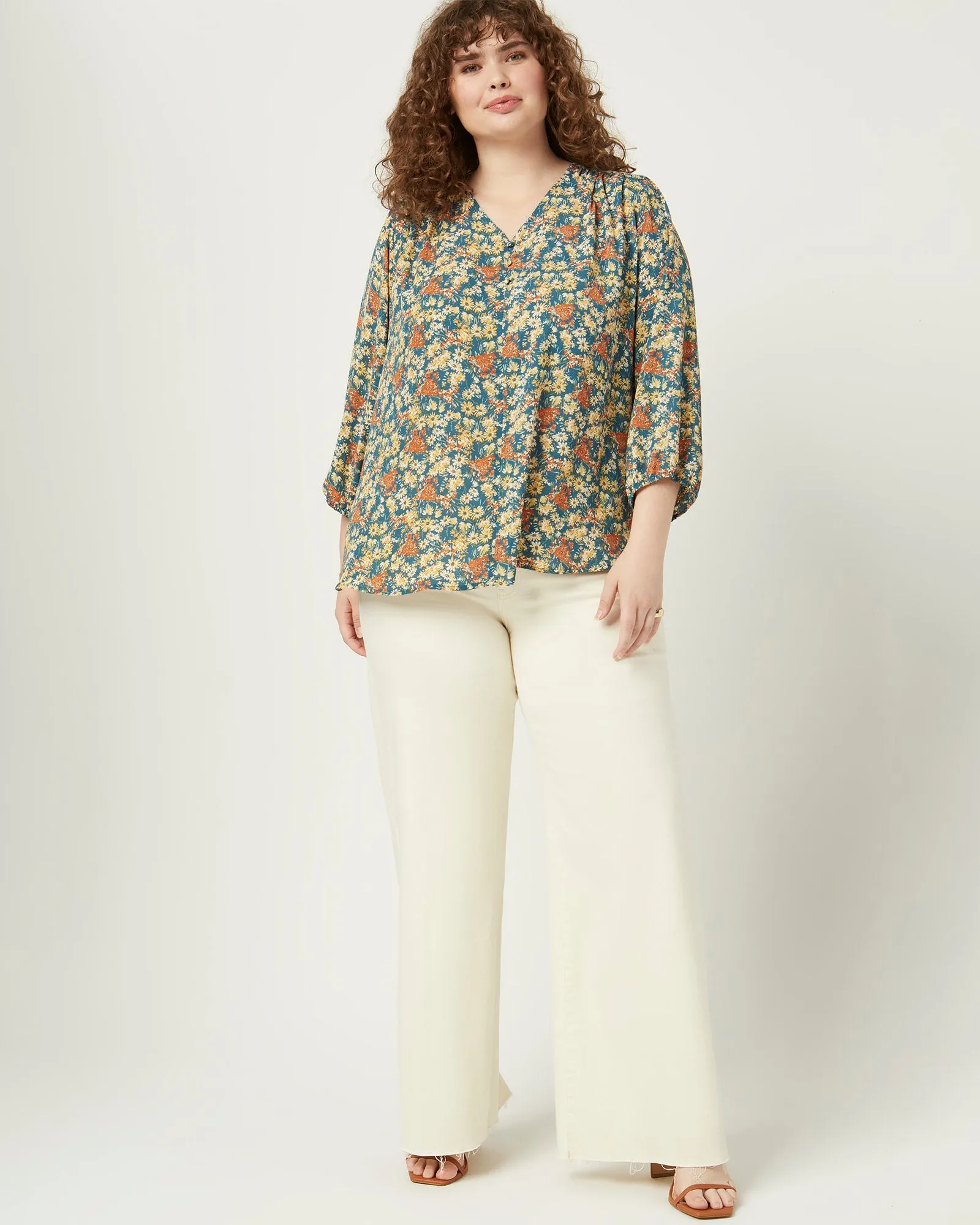 Christine Three-Quarter Sleeve Peasant Top | Forest Green / Yellow