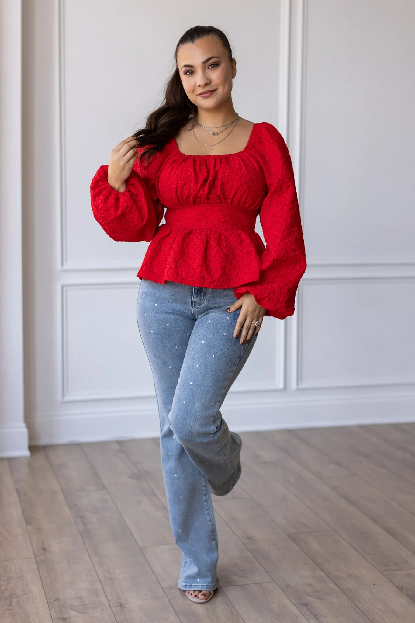 Crimson Passion Jacquard Peasant Blouse