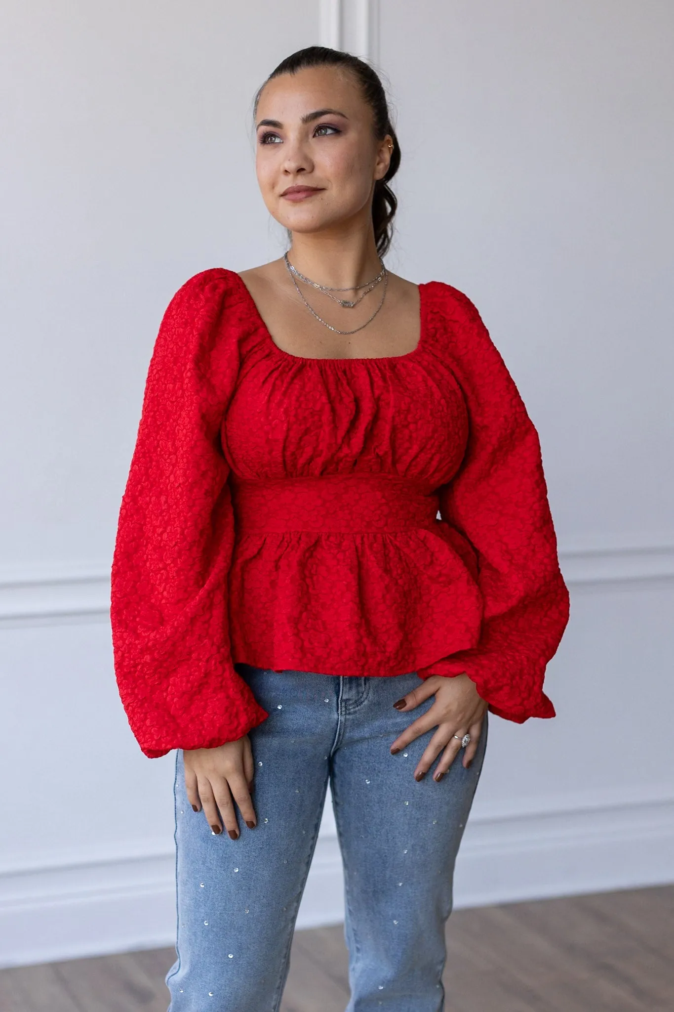 Crimson Passion Jacquard Peasant Blouse