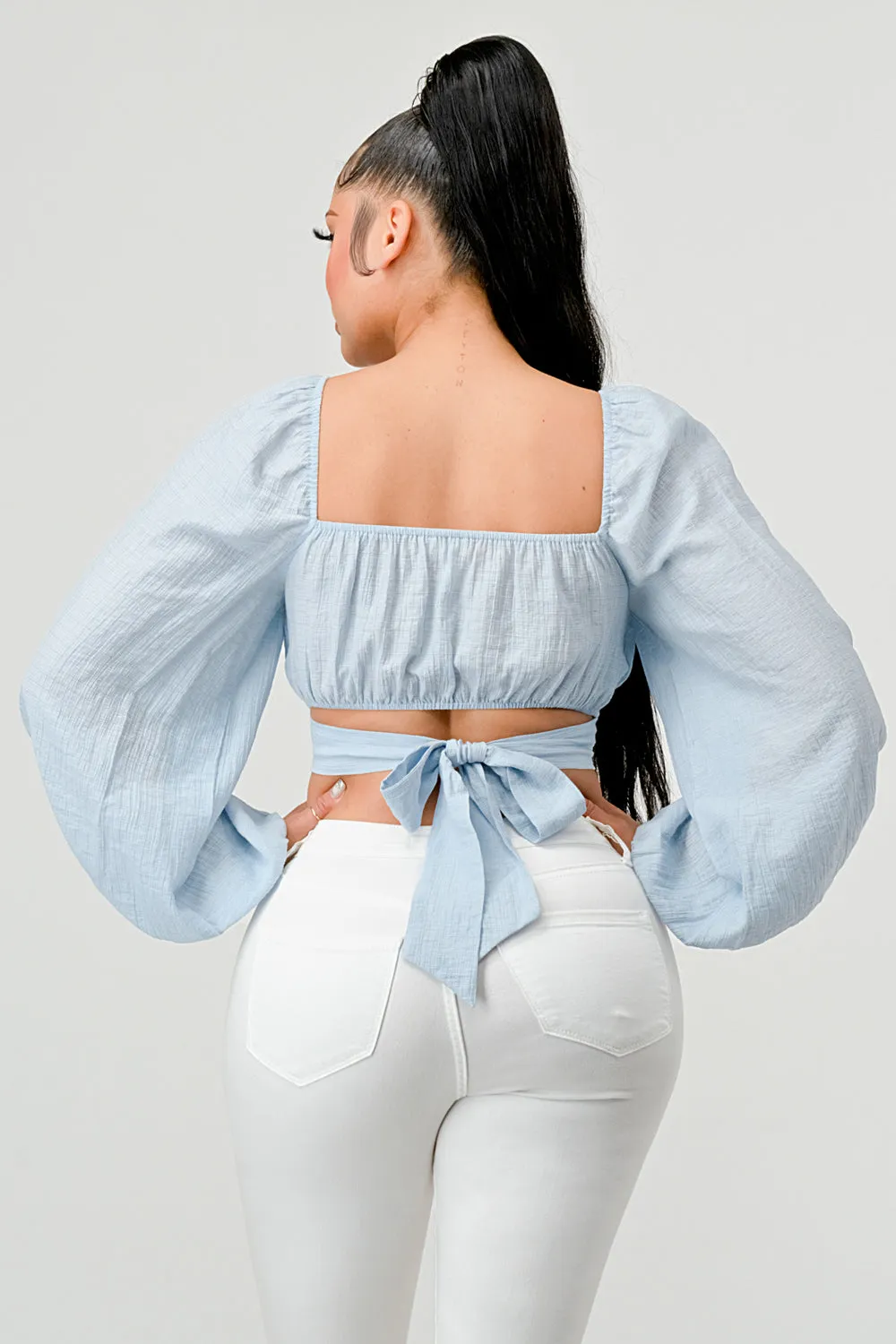 CRINKLED RUCHED SWEETHEART BACK TIE PEASANT TOP