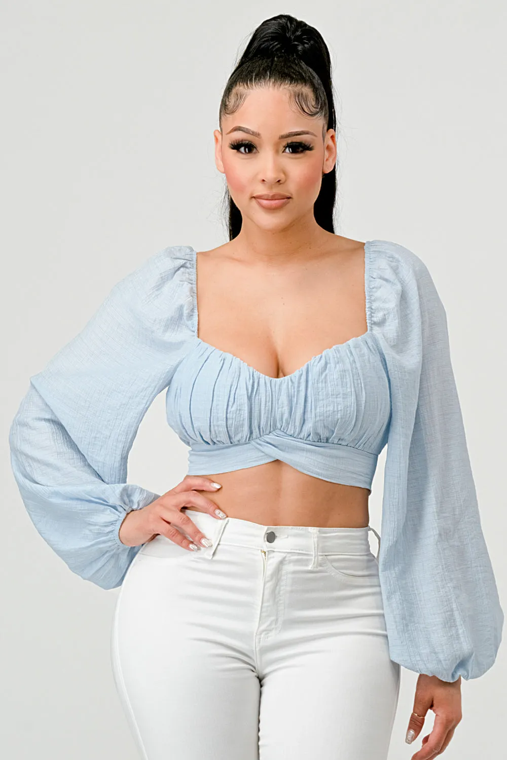 CRINKLED RUCHED SWEETHEART BACK TIE PEASANT TOP