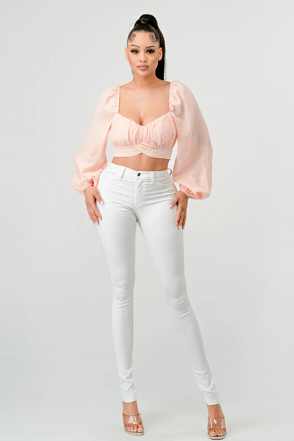 CRINKLED RUCHED SWEETHEART BACK TIE PEASANT TOP