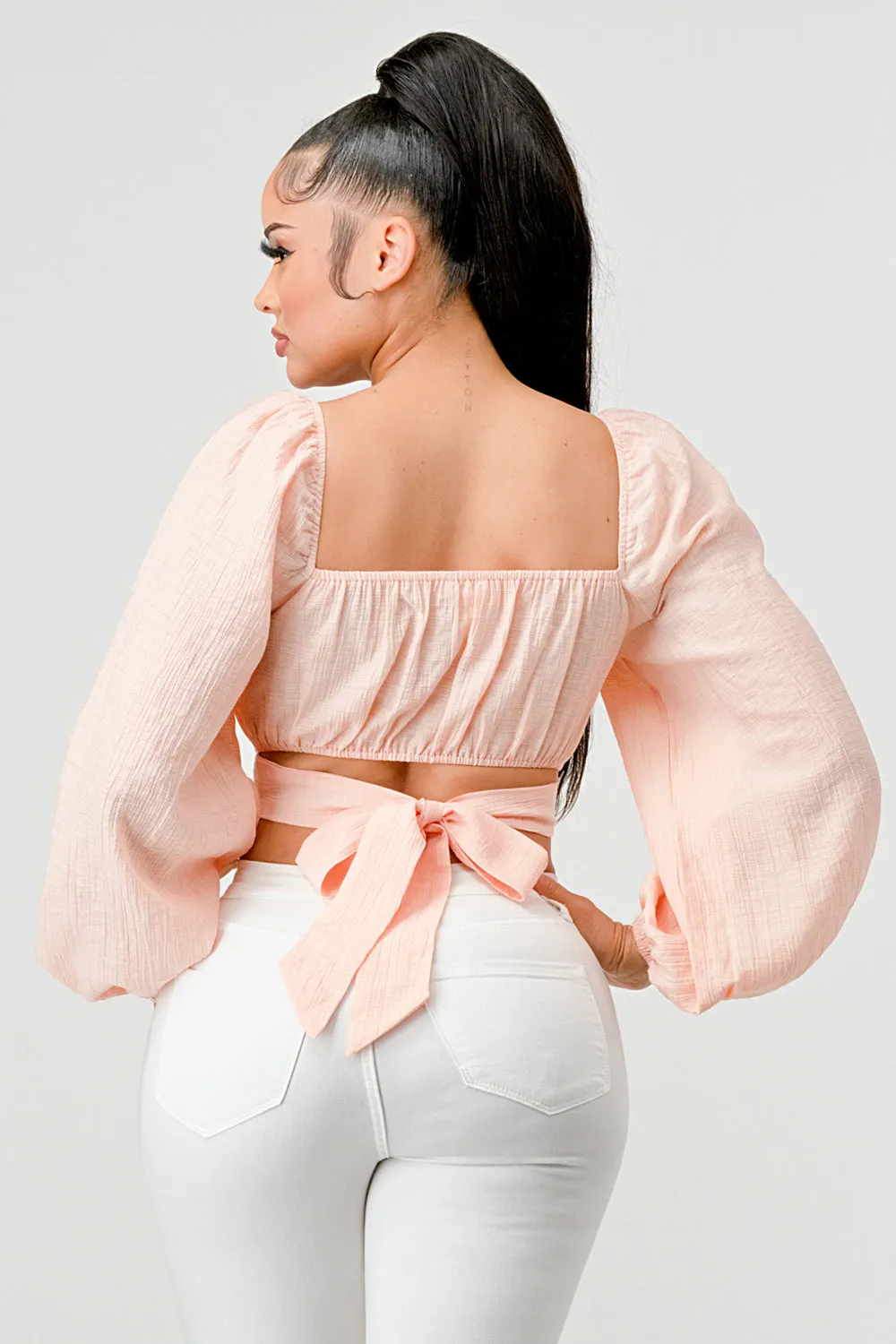 CRINKLED RUCHED SWEETHEART BACK TIE PEASANT TOP