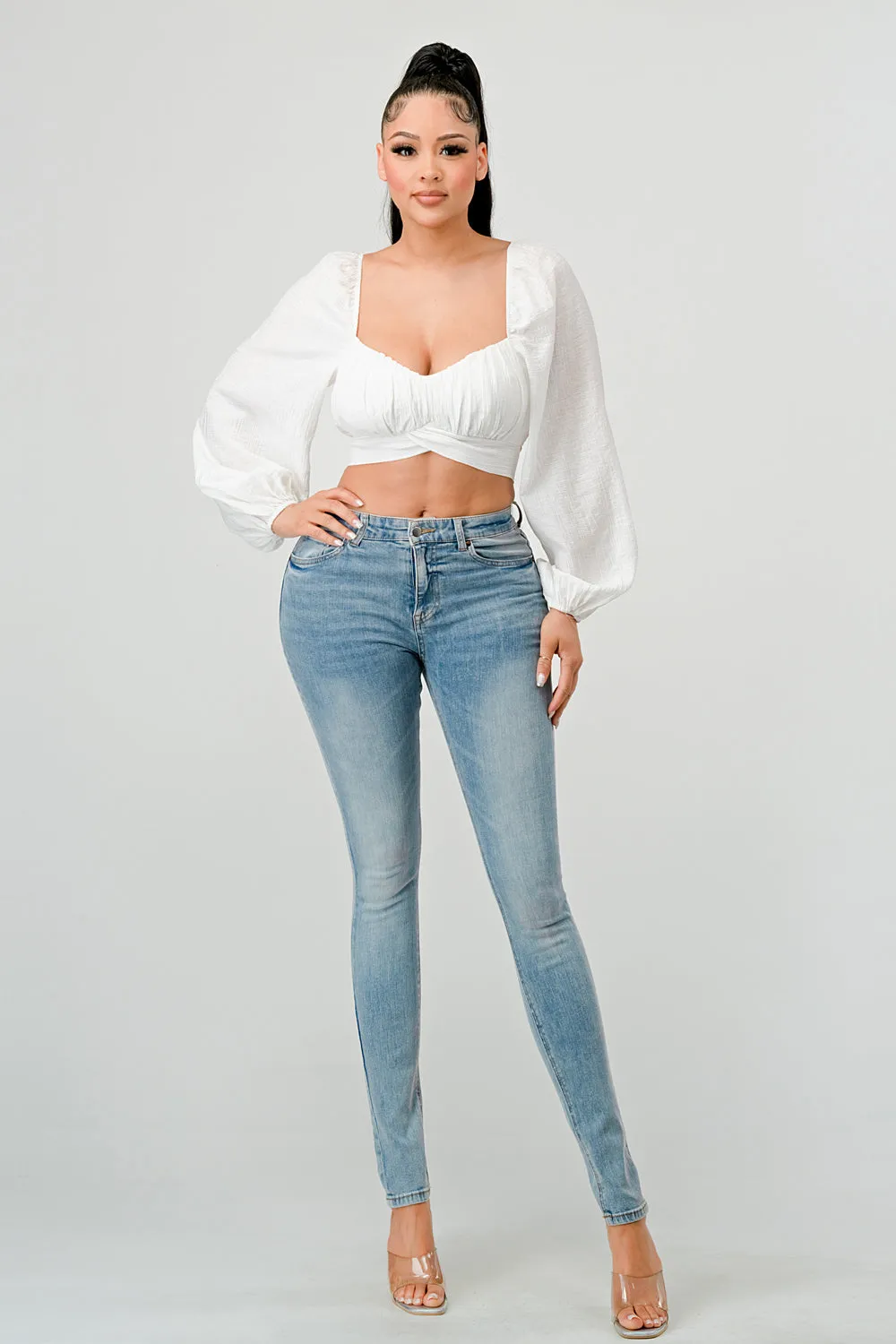 CRINKLED RUCHED SWEETHEART BACK TIE PEASANT TOP