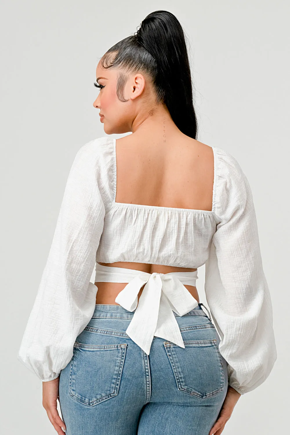 CRINKLED RUCHED SWEETHEART BACK TIE PEASANT TOP