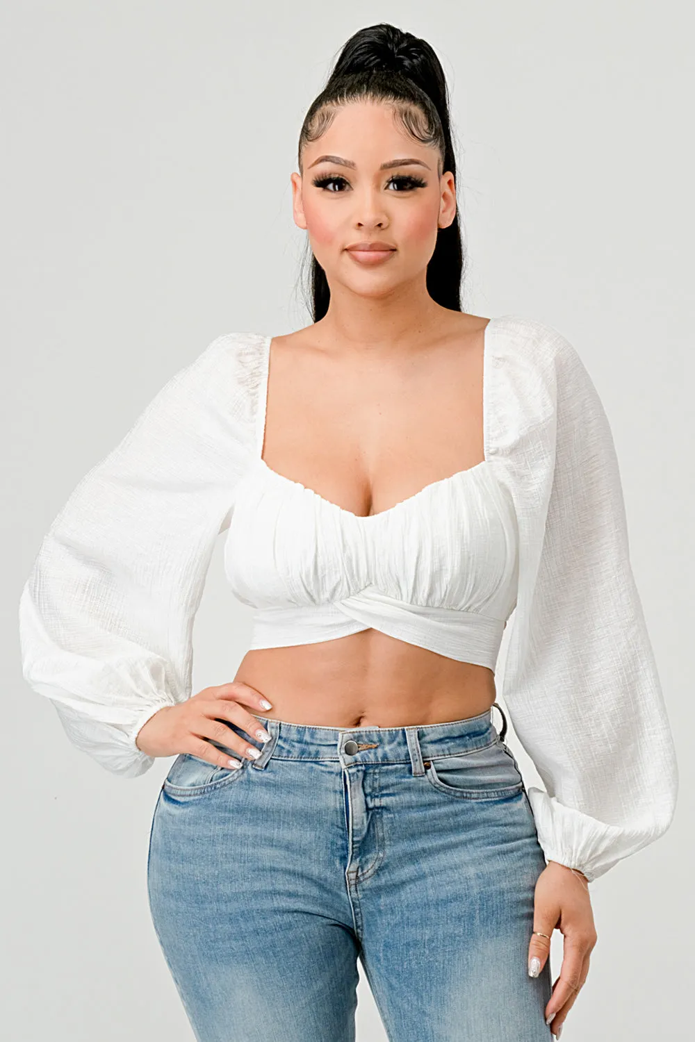 CRINKLED RUCHED SWEETHEART BACK TIE PEASANT TOP