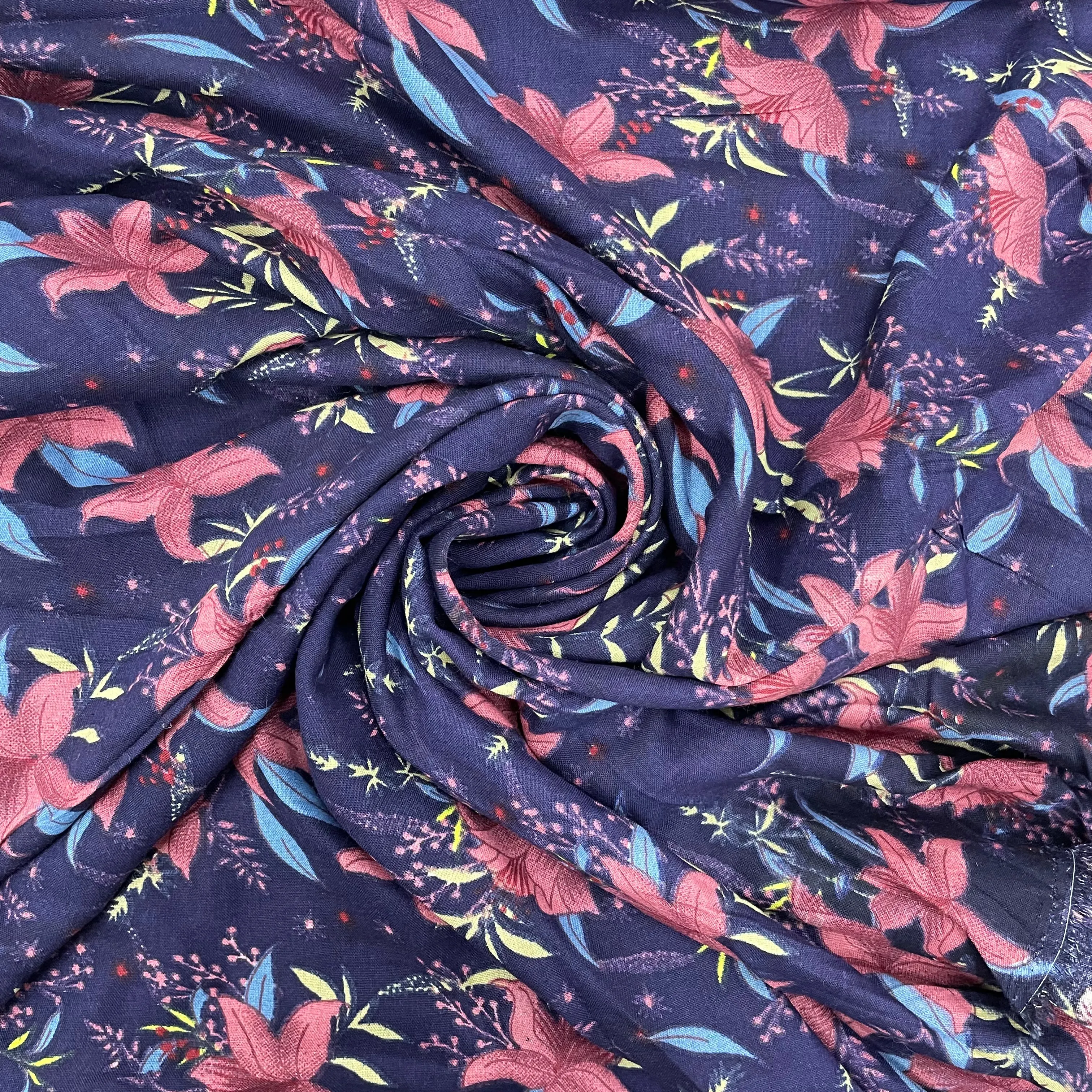 Dark Blue With Pink Floral Print Rayon Fabric