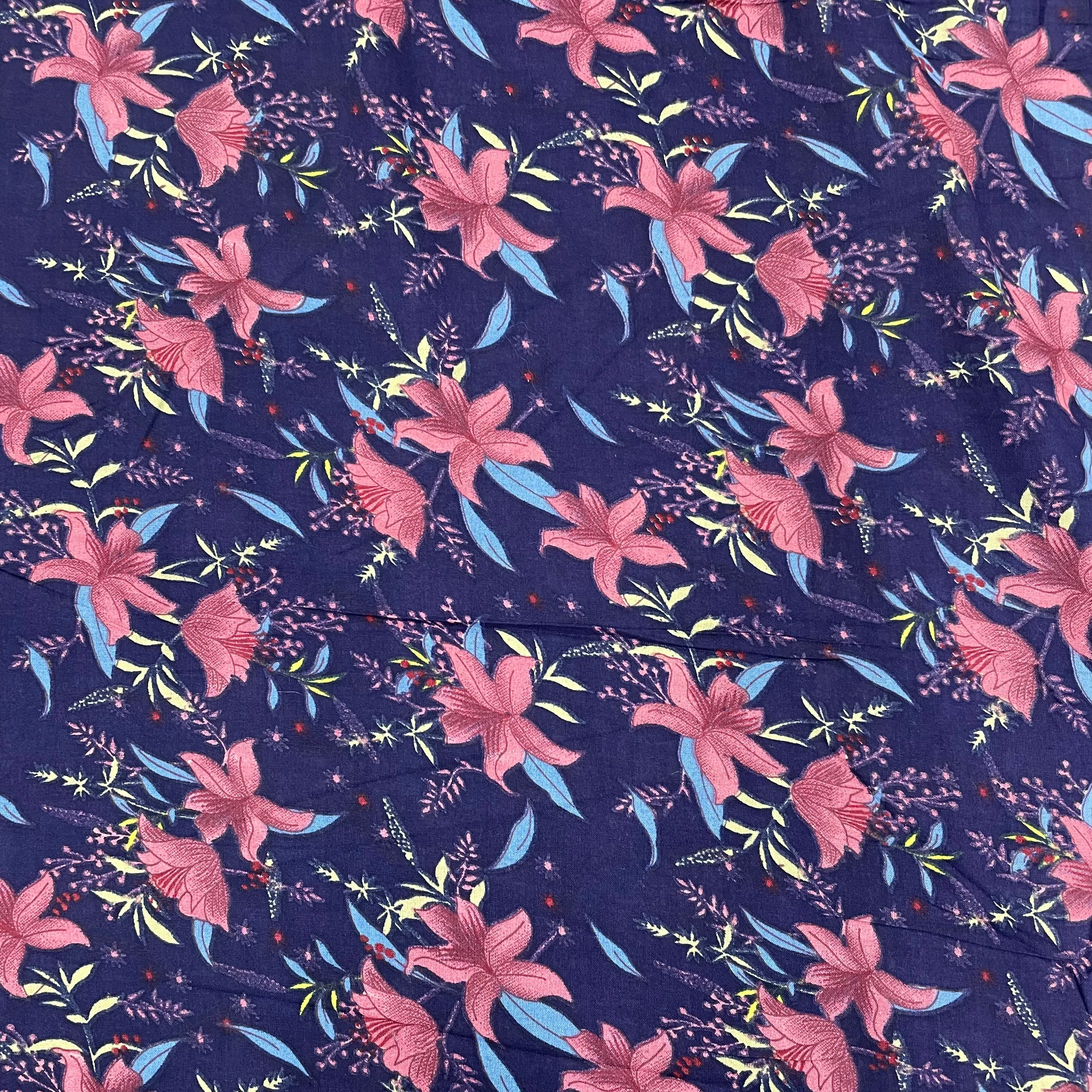 Dark Blue With Pink Floral Print Rayon Fabric