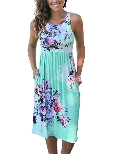 Dokotoo Womens Summer Casual Beach Floral Fit and Flare Flower Midi Sun Dresses Plus Size Green Small