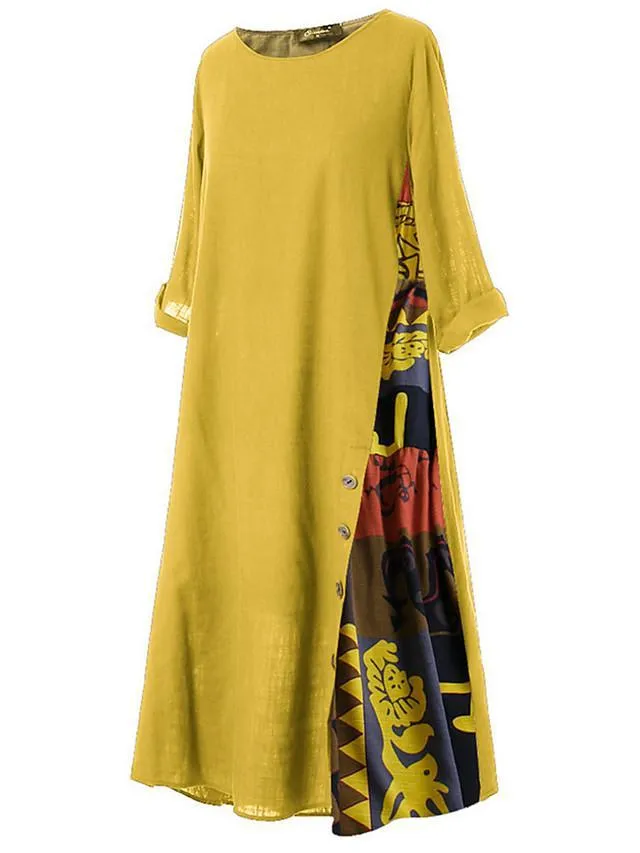 Dunnmall Women's Swing Dress Maxi long Dress - 3/4 Length Sleeve Print Print Spring & Summer Hot Casual Holiday vacation dresses Loose 2020 Red Yellow Wine Army Green Navy Blue Gray L XL XXL 3XL 4XL 5XL