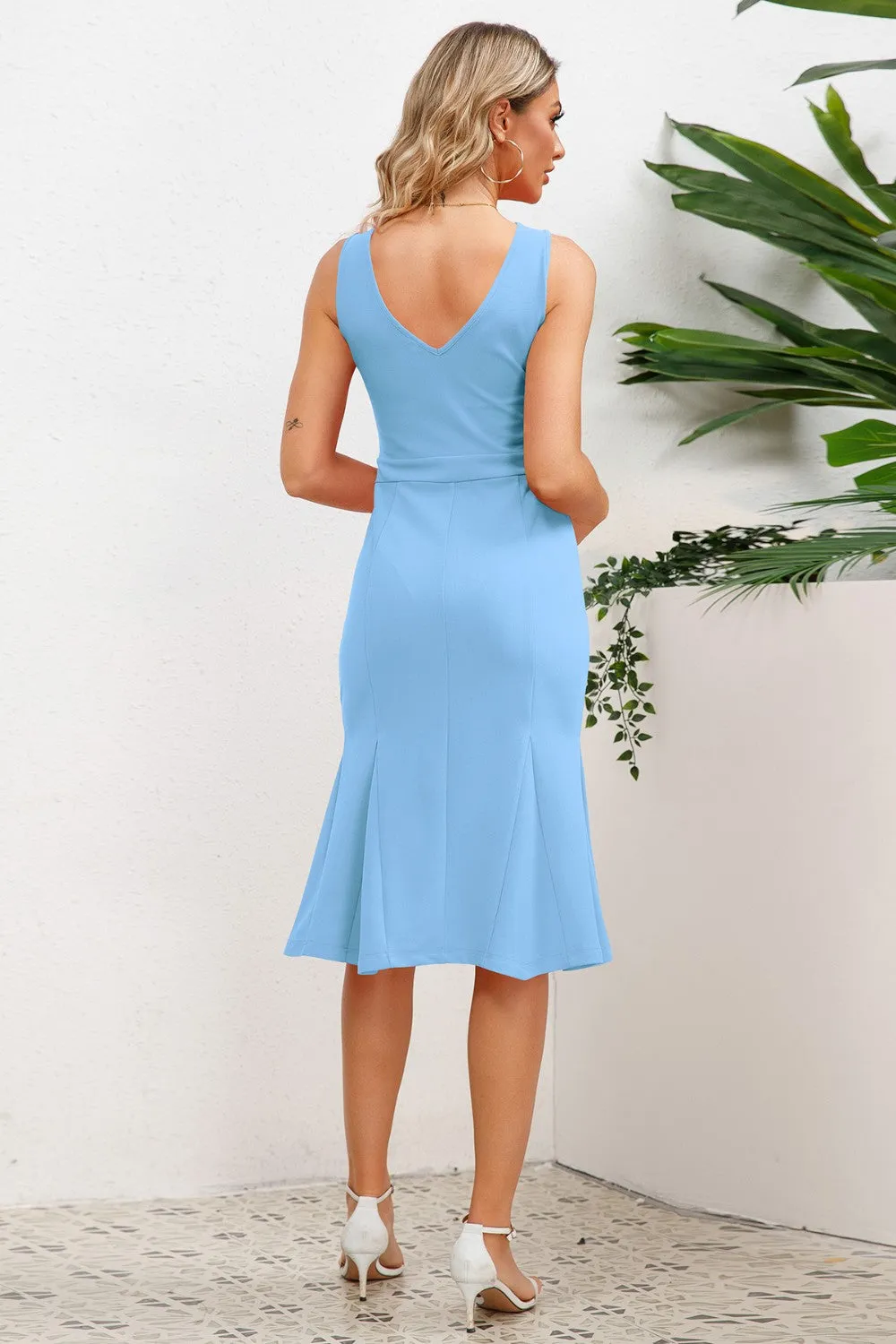 Feminine Solid Color Flare Dress Women's Elegant Wide Strap Wrap Fishtail Midi Dress