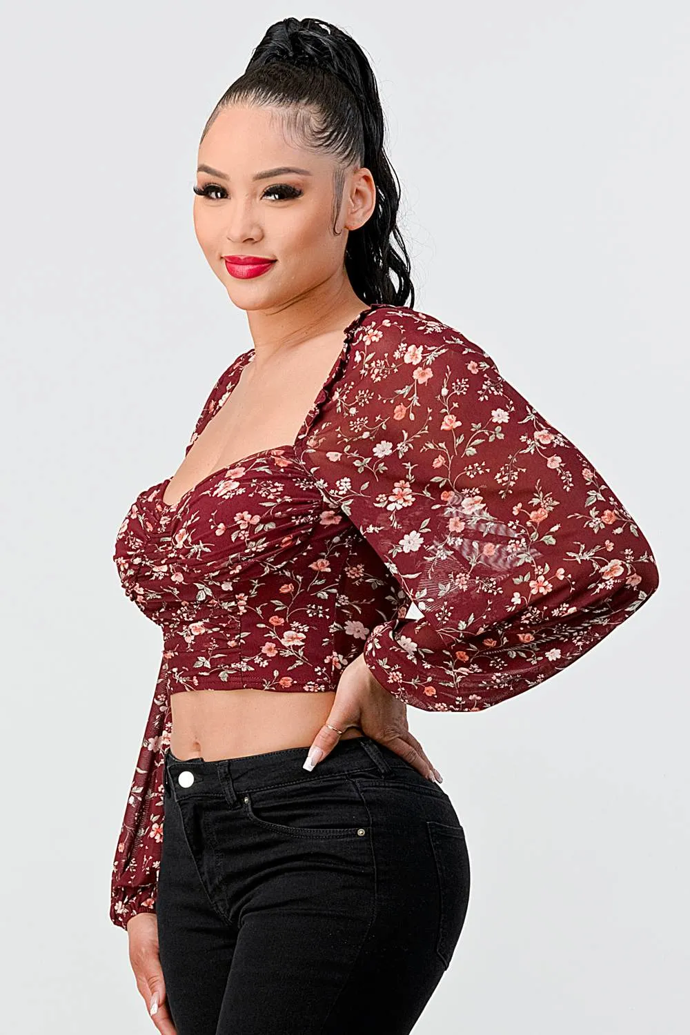 FLORAL MESH SWEETHEART PEASANT SLV RUCHED TOP