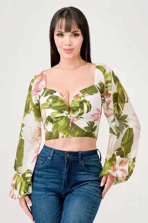 FLORAL PRINT CHIFFON SMOCKED BACK TIE CROPPED TOP