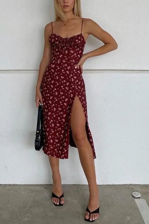 Floral Print Slit Slip Dress